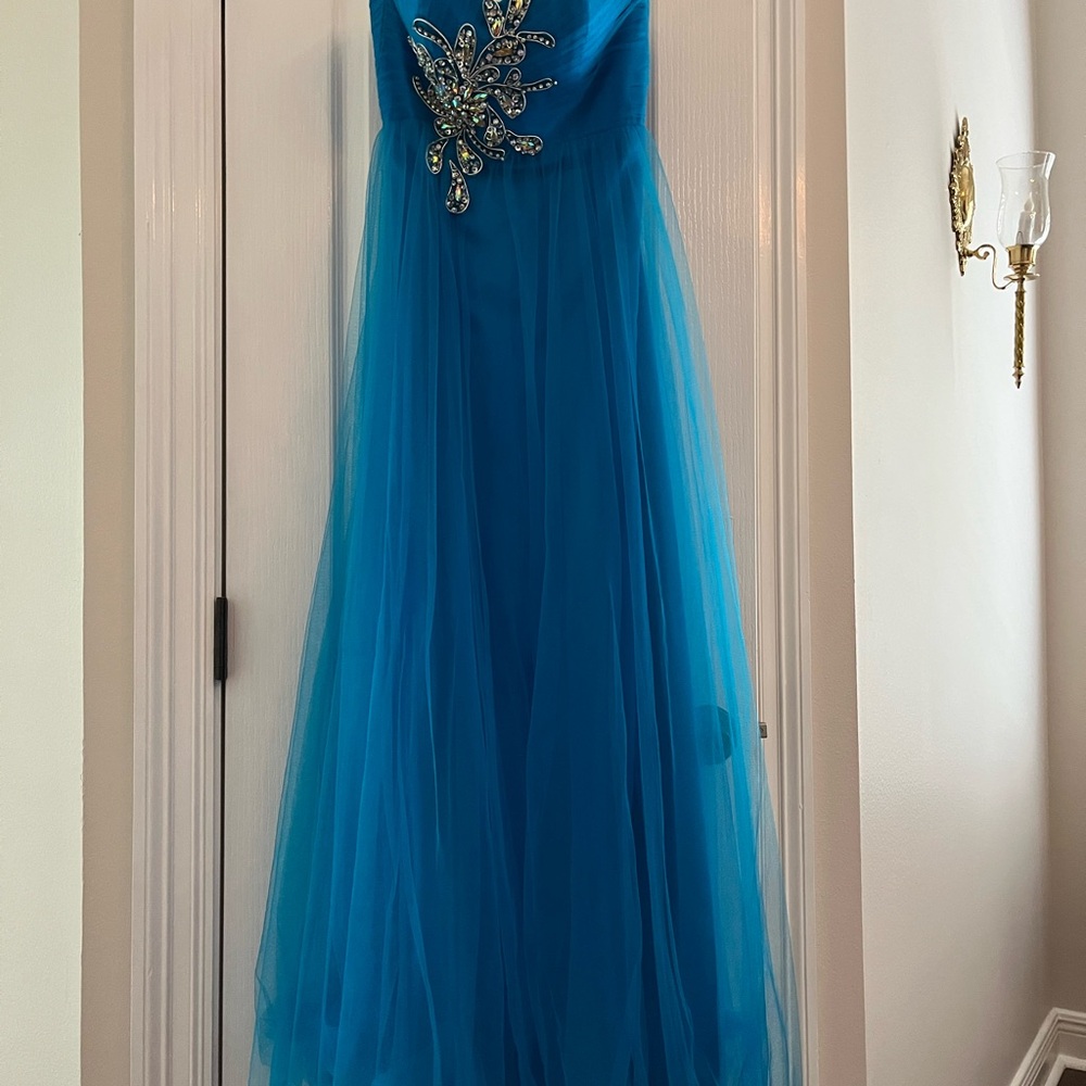 Blue Tulle Prom Dress with Crystal Embellishment
